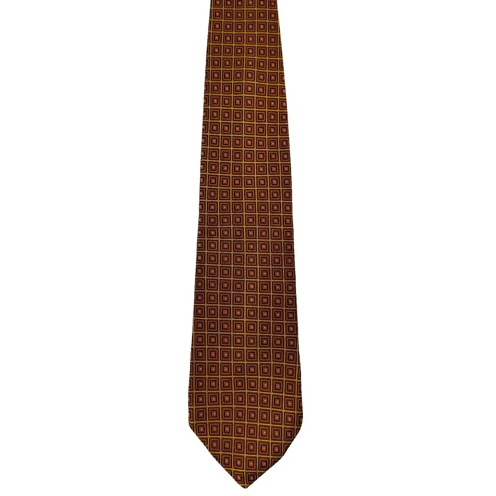BROOKS BROTHERS Makers Silk Tie Brown Orange Geometric Square Made in USA